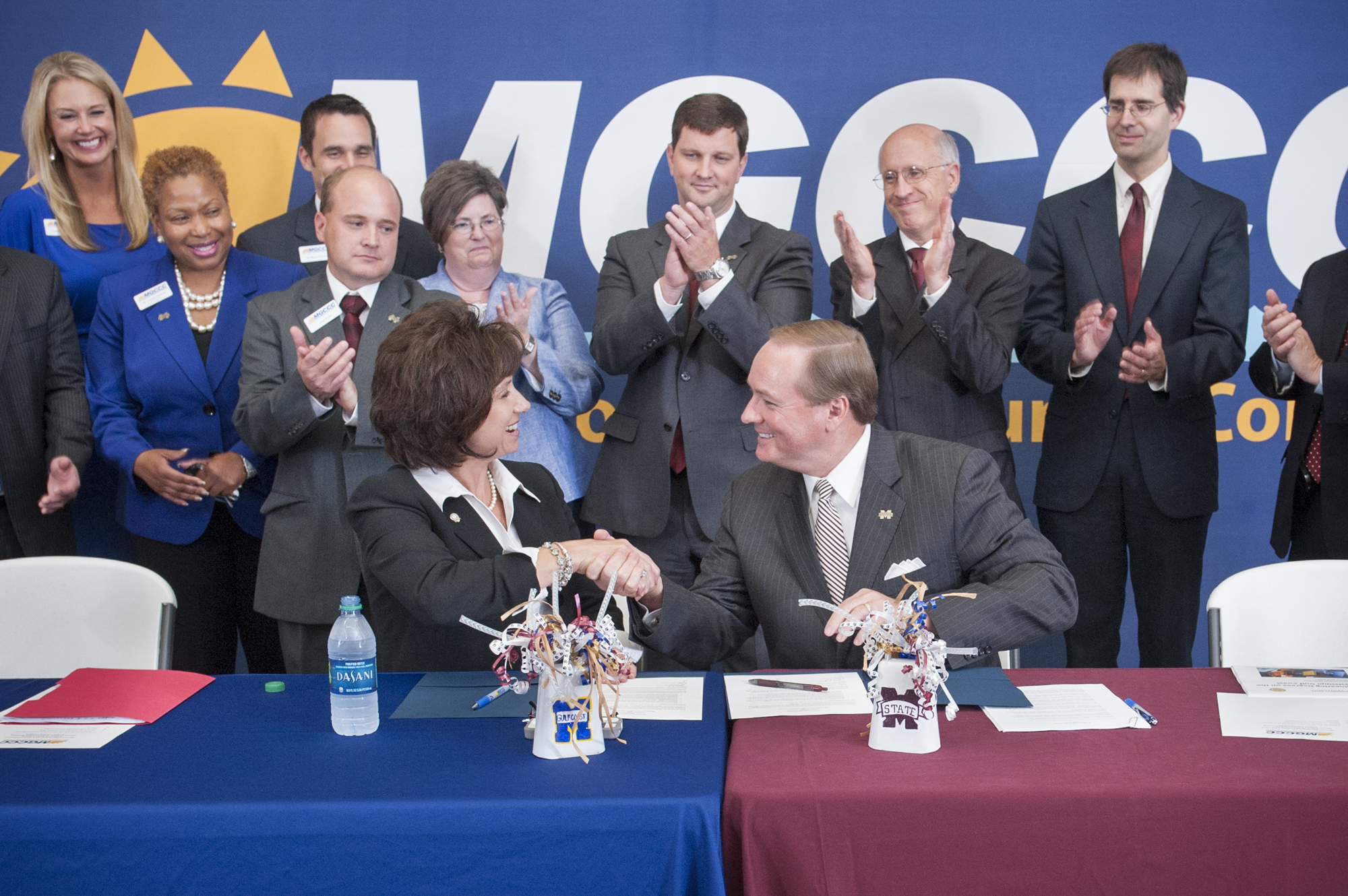 MSU President Mark E. Keenum, right, and MGCCC President Mary S. Graham signed a partnership agreement today [Aug. 13] to offer engineering courses on the Mississippi Gulf Coast. Keenum called the collaboration a "win-win" for both institutions and for the state.