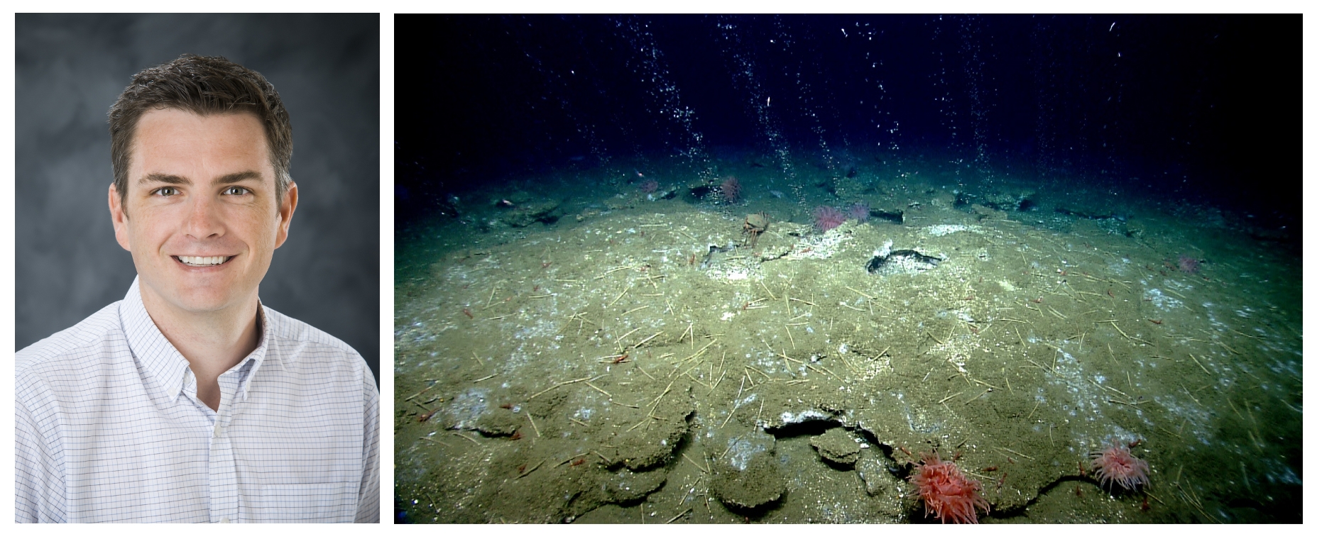 Left: Adam Skarke (Photo by Russ Houston) Right: Ocean floor methane seeps (Photo courtesy of NOAA)