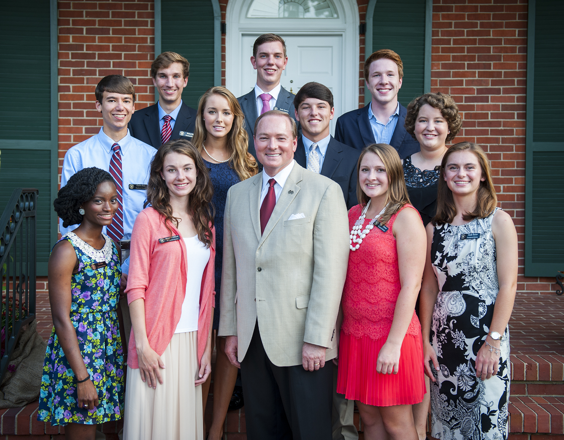 MSU President Mark E. Keenum welcomes the newest class of Presidential Scholars, including (first row, l-r) Nia Sims, Meredith Hilliard, Betty Thomas, Emily Turner; (second) Charles Boyd, Laura Herring, Nicholas Cobb, Mary Smith, (third) Robert Frey, Bobby Buntyn, and Trey Wallace. 