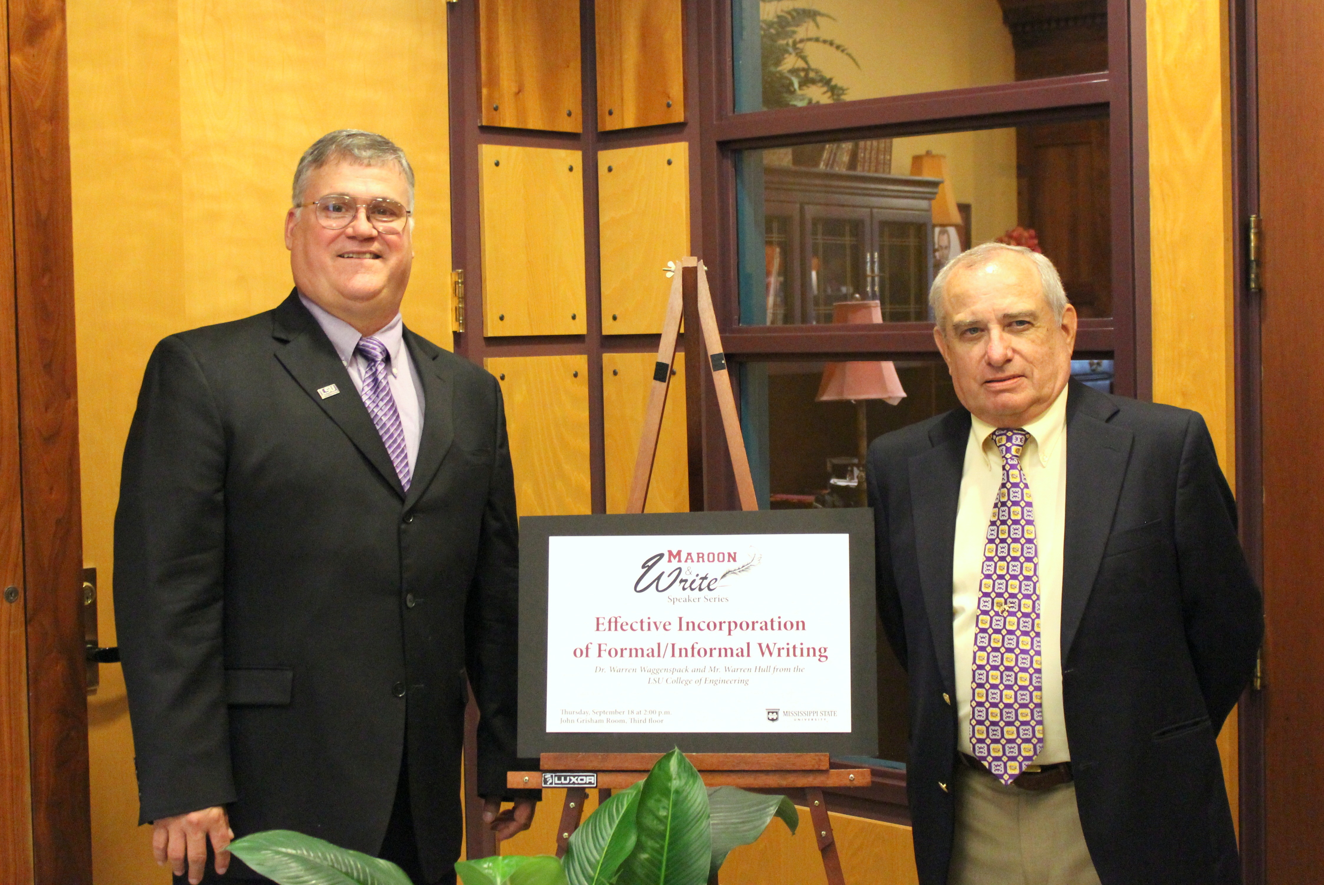 For the Maroon & Write Speaker Series, Mississippi State University hosted, from left, Warren Waggenspack, associate professor of LSU's College of Engineering, and Warren Hull, director of the Chevron Center for Engineering Education.