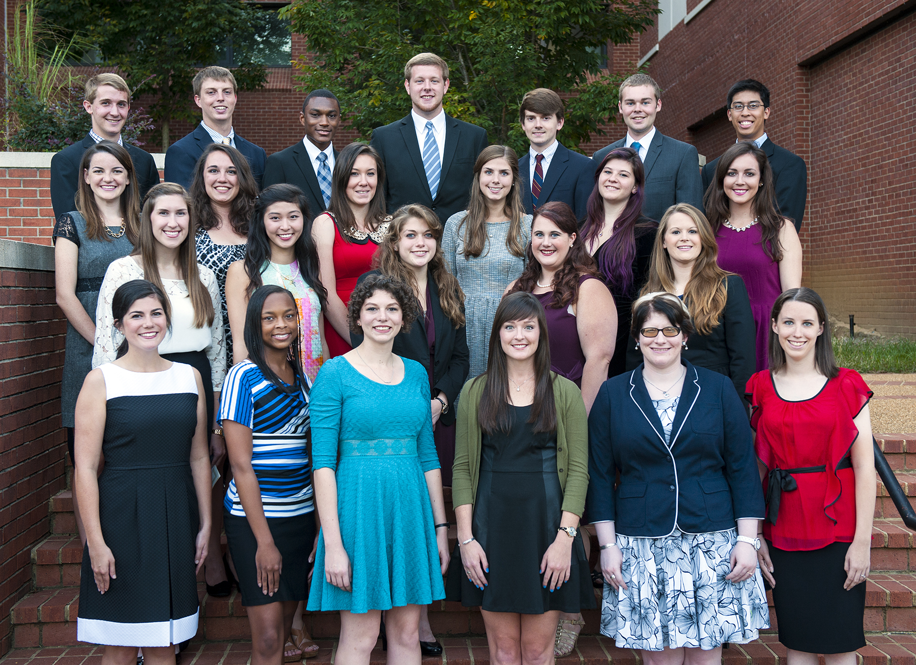 MSU's new Society of Scholars inductees include, (first row, l-r) Bethany Crooks, Robbie Salters, Danielle Francis, Farrah Miller, Danielle Moulds, Danielle Rogers; (second) Margaret Parker, Catherine Feng, Jayme Castillo, Terri Linley, Janice Baxter; (third) Christine Bowman, Molly Beckwith, Joanna Boyles, Anna Turner, Danae Carlson, Kelsey Huggins; and (fourth) Michael Burgess, Adam Burton, Tyler Shack, Jeffrey Johnston, Cameron Clarke, Nathan Alexander, and Mikhail Gaerlan. 