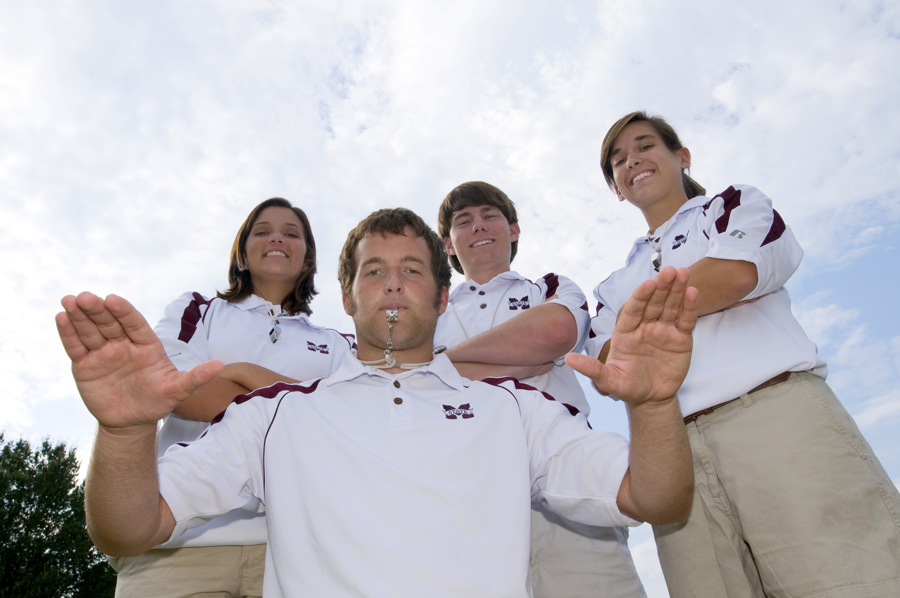 New MSU drum majors Jace McMullin (foreground), and (rear, from left) Kristen Hampton, Michael Battalio and Katie Jenkins.