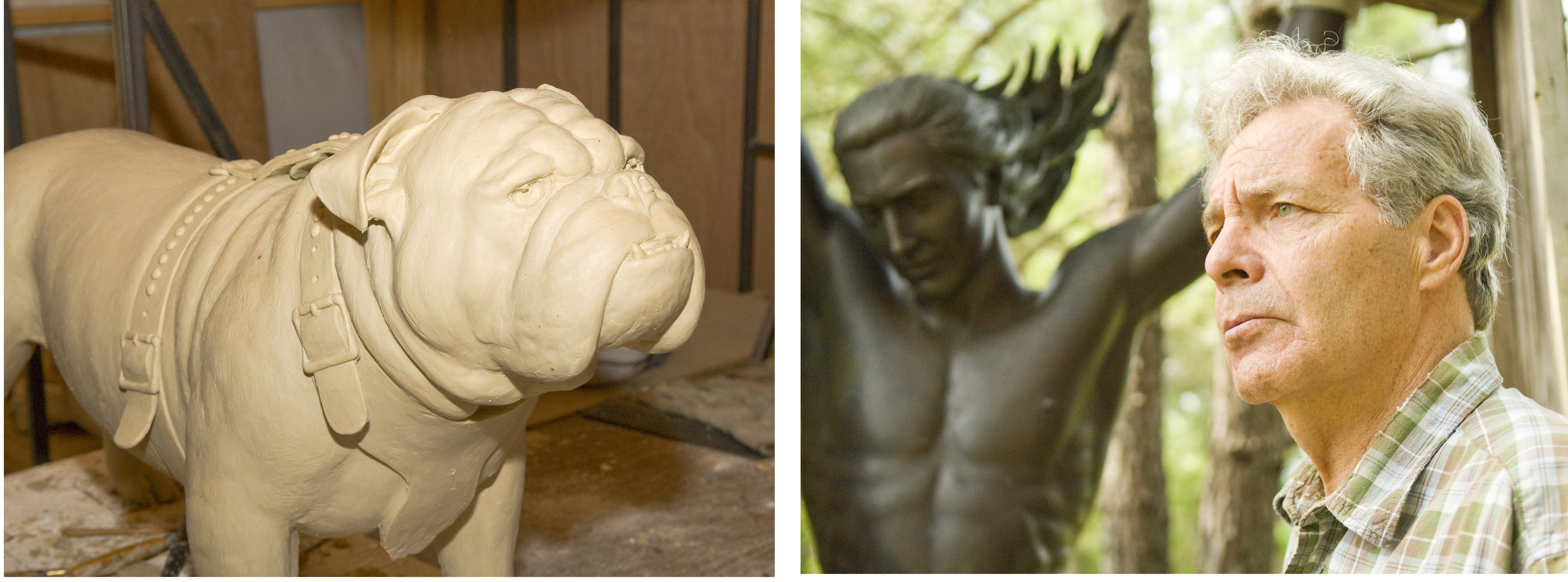 (Left) Bronze statue of TaTonka, the current bulldog who serves as "Bully," Mississippi State's mascot, will stand at the Junction. (Right) Eupora artist Edmond Shumpert stands in front of one of his many works currently in progress. The West Point native has been commissioned by MSU to create a bronze statue of TaTonka.