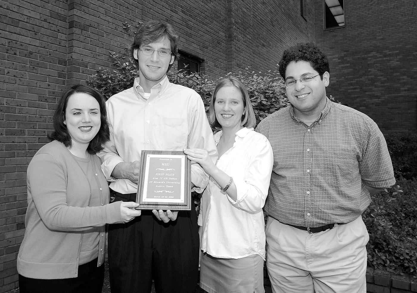 <br /><br />
MSU human resource team members (from left) Sutton Holcomb, Truman Abbe and Amber Crausby, with adviser Matthew Stollak. 