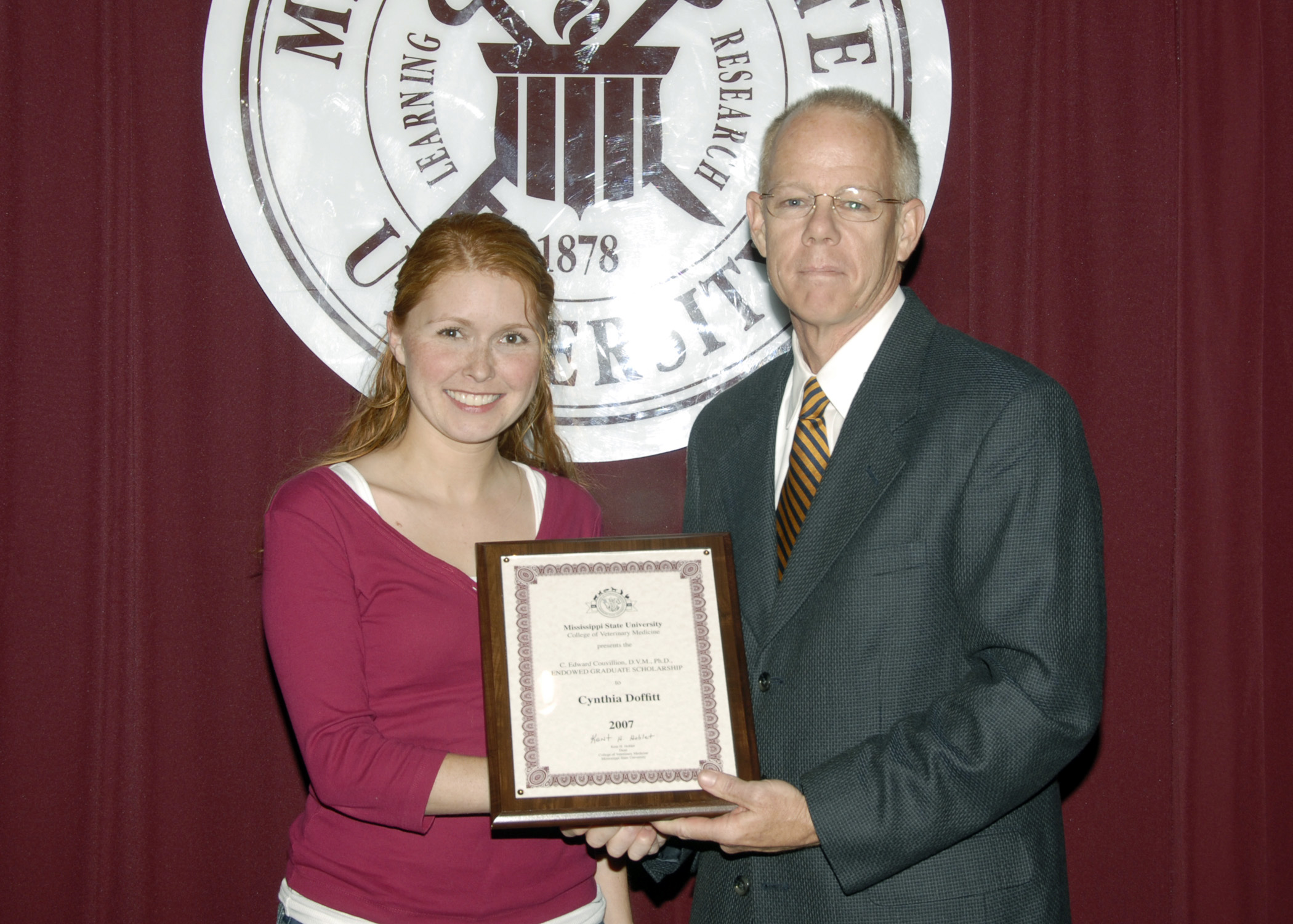 Couvillion Scholar Cynthia Doffitt with Dr. Jerald Ainsworth, associate dean for research and graduate studies in Mississippi State's College of Veterinary Medicine.