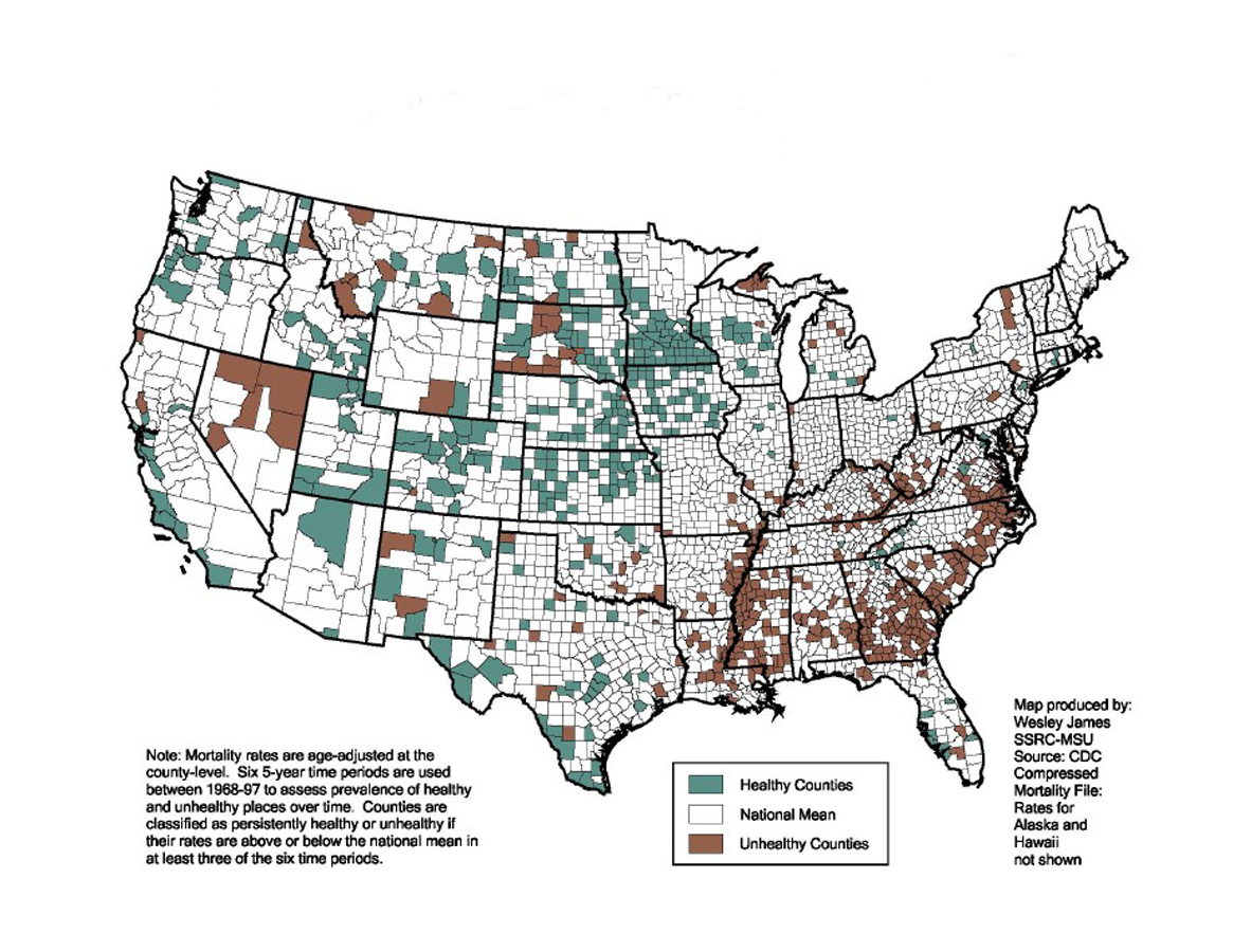 <br /><br />
Healthy and unhealthy places around the nation, as mapped by the Social Science Research Center 