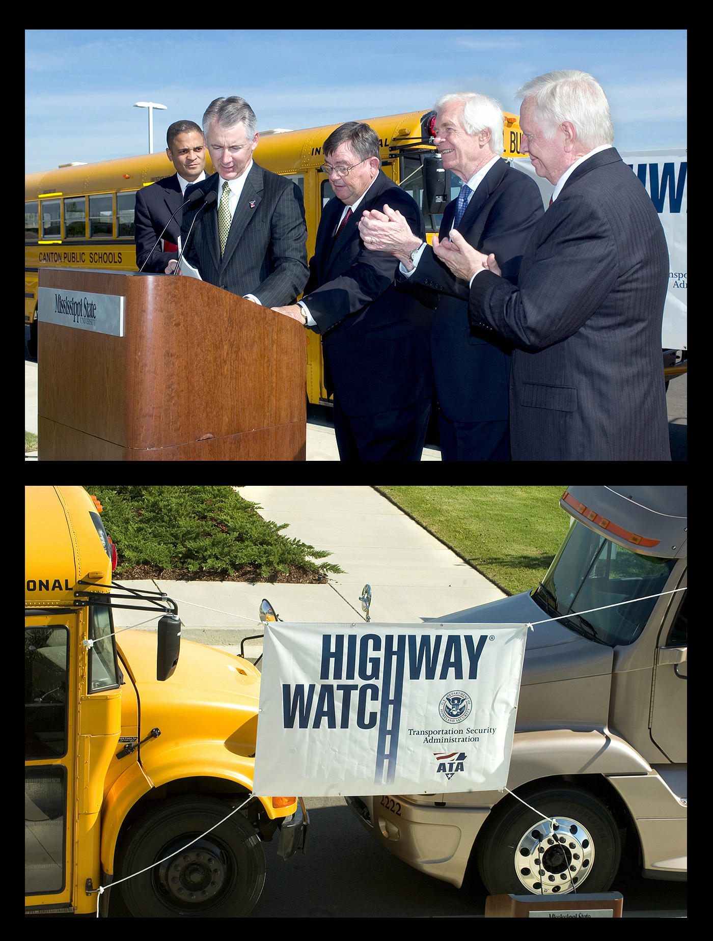 <br /><br />
In Tuesday ceremonies in Canton, officials of Mississippi State's Center for Advanced Vehicular Systems Engineering Extension Center joined national and state officials to launch a new center that will promote national highway safety.  Taking part in the ceremony were (l-r) Jonathan Fleming of the U.S. Transportation Security Administration, Bill Graves of the American Trucking Association, university President Charles Lee, Sen. Thad Cochran (R-Miss.), and Dean Cotten of the Mississippi Trucking Association.     