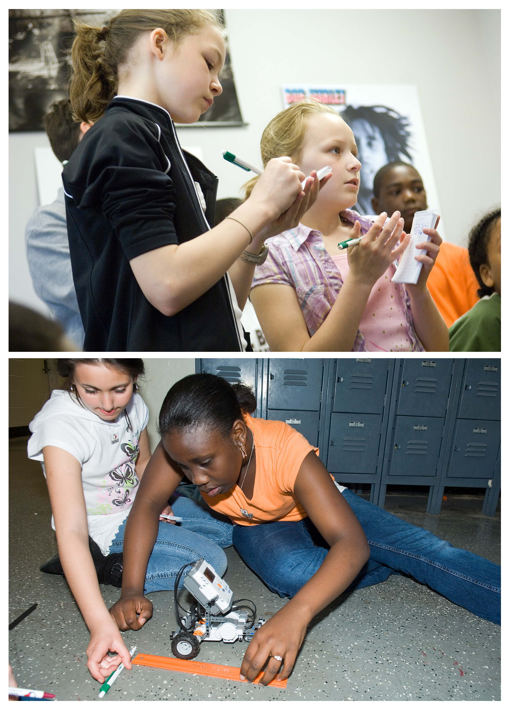 Top: Fifth graders from Ward-Stewart Elementary School in Starkville take notes at Mississippi State as they tour the university's campus radio station, WMSV. About 20 students recently visited the university and as reporters for the day, which included visiting the College of Veterinary Medicine, a robotics lab in the Swalm School of Chemical Engineering and the department of poultry science.<br /><br />
<br>Bottom: Fifth graders from Ward-Stewart Elementary School in Starkville experiment with different gears on computerized cars in a robotics lab at Mississippi State's Swalm School of Chemical Engineering. About 20 students recently visited the university and as reporters for the day, which also included visiting the College of Veterinary Medicine and the department of poultry science.