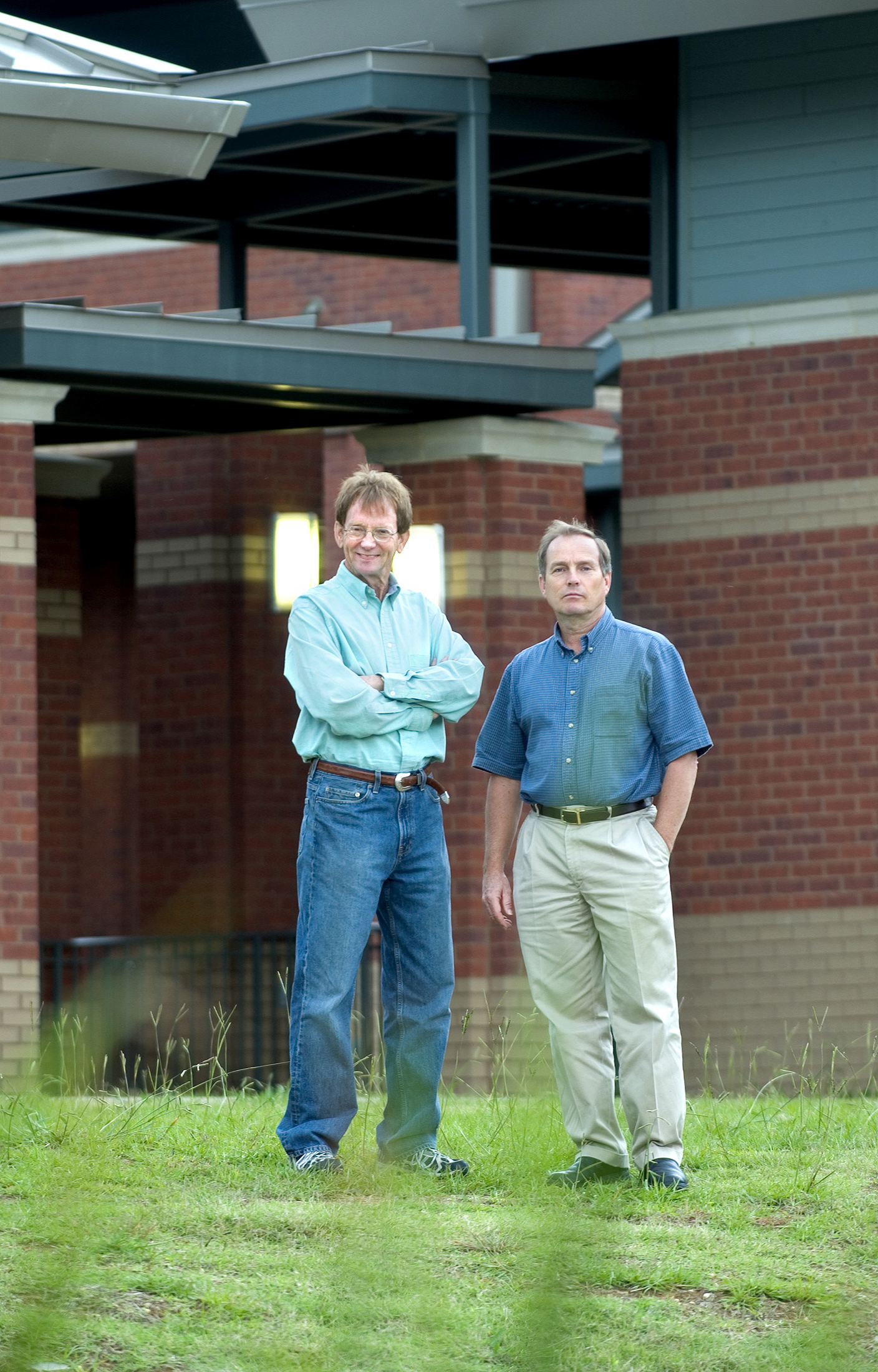 <br /><br />
Pete Melby (l) and Tom Cathcart co-direct the Center for Sustainable Design at Mississippi State University.  They helped plan features of the MSU facility behind them.  