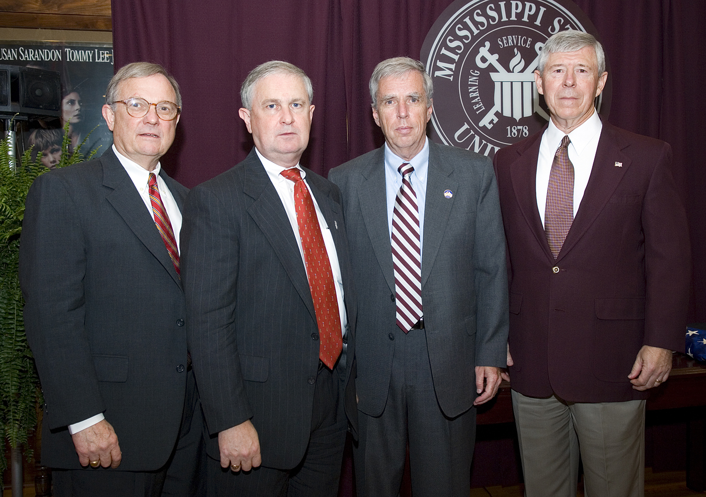 Joining MSU President Robert Foglesong (second from right) at the recent Sonny Montgomery tribute on campus were (from left) Bob Bailey, Kyle Steward and Richard Armstrong.