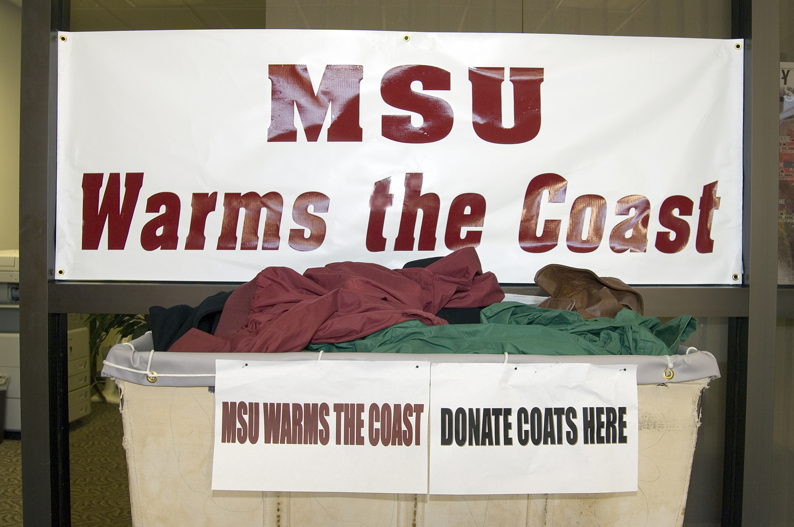 Collection points are near the manager's office at Humphrey Coliseum for MSU Warms the Coast