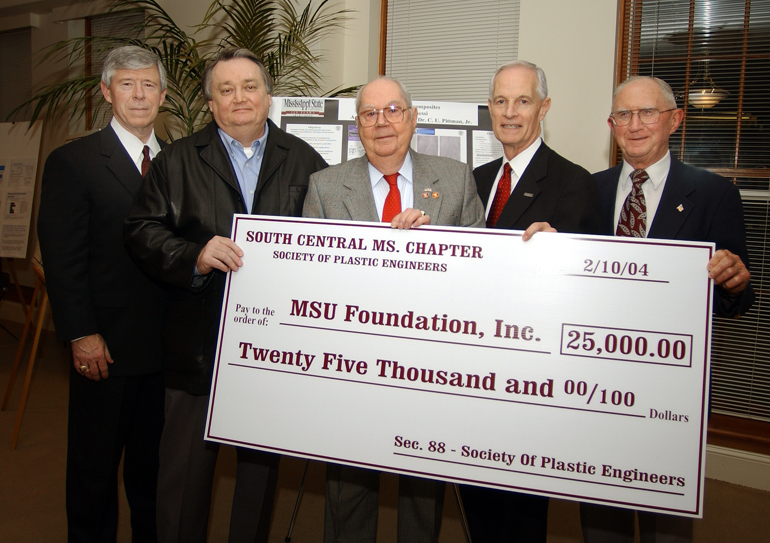 <br /><br />
Check presentation participants included (l-r) Col. Richard Armstrong, executive director of the MSU Foundation George Smith, Mississippi chapter president of the Society of Plastic Engineers SPE chapter educational chairman Jim Hemphill A. Wayne Bennett, dean of the Bagley College of Engineering and Hank Moseley, representing the district office of Congressman Chip Pickering. (Russ Houston) 