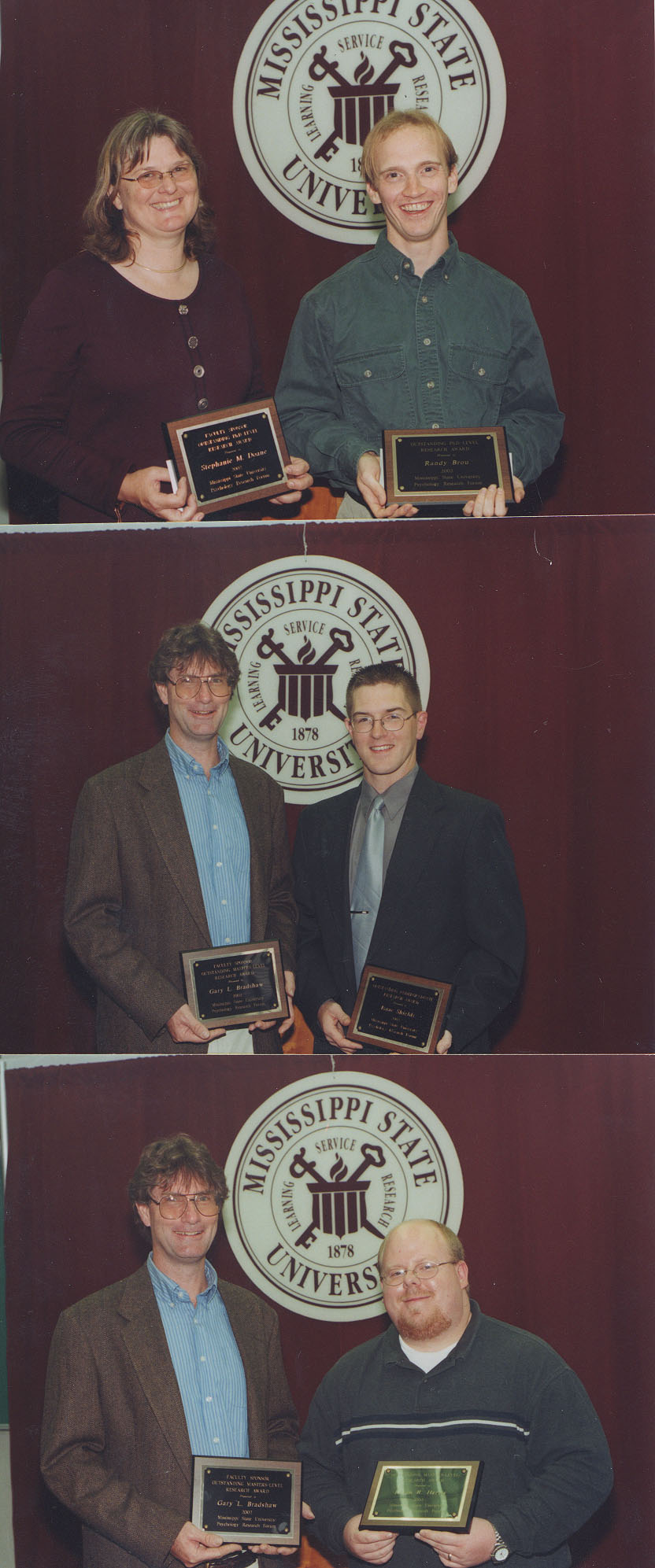 <br /><br />
Top, Randy Brou with associate professor Stephanie Doane center, Isaac Shields (r) with associate professor Gary Bradshaw and bottom, Kevin Harris (r) with associate professor Gary Bradshaw