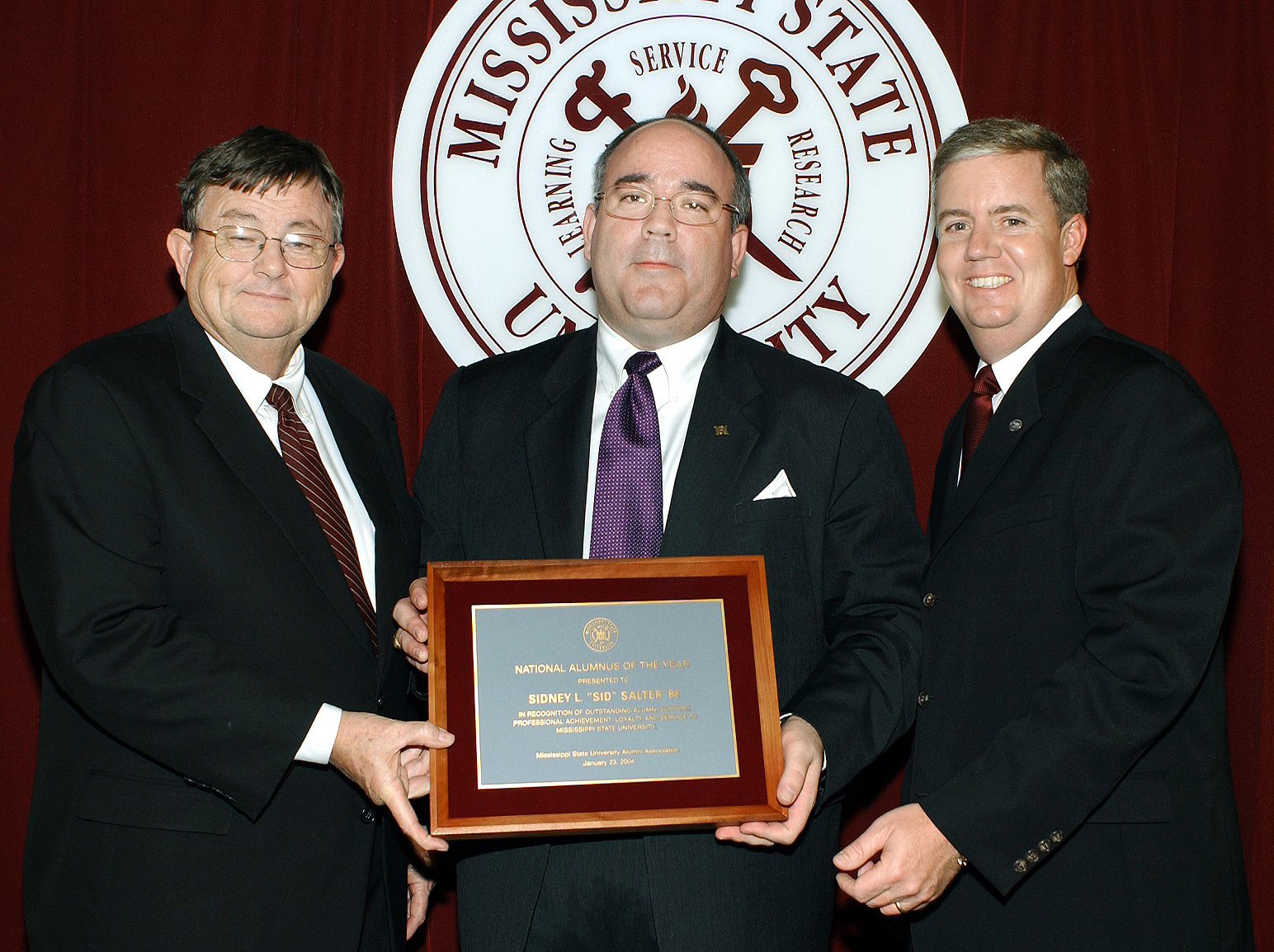 <br /><br />
MSU President Charles Lee, Sid Salter, and MSU Alumni Association President Gary Blair 