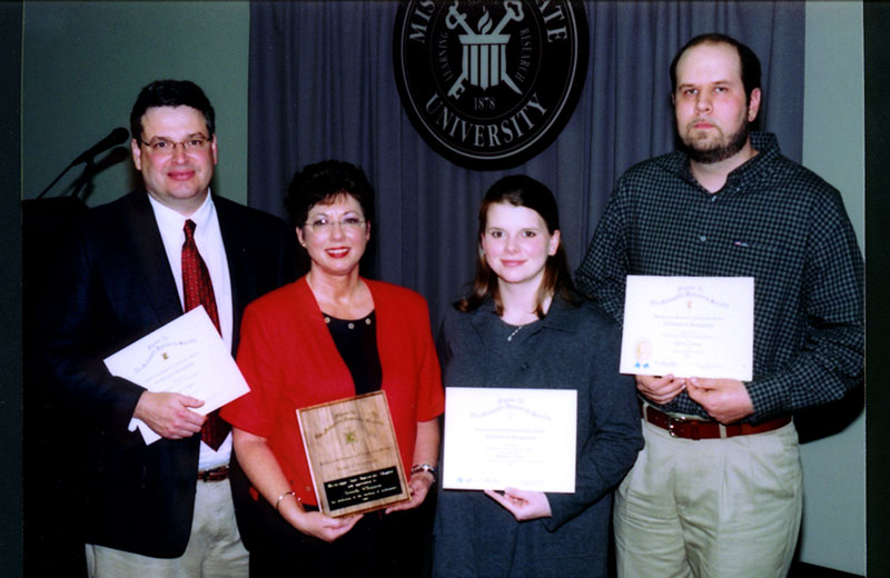 <br /><br />
Sigma Xi award winners at Mississippi State for 2002-03 are (l-r) Mark E. Zappi, Brenda O'Bannon, Magan E. Green, and Jeffrey Alvey. 