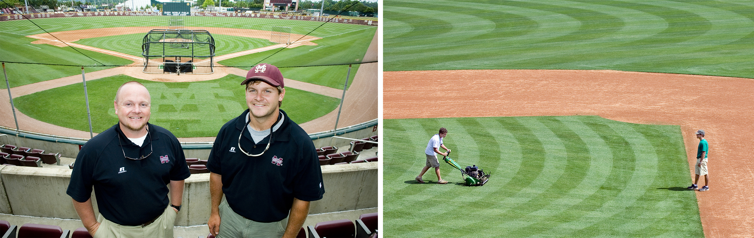 Left photo, MSU turf managers Bart Prather (l) and Charles Brunetti; Right photo, MSU students T.J. Grissom (l) and Brian McNeill work as a team<br /><br />
to prepare Dudy Noble Field.