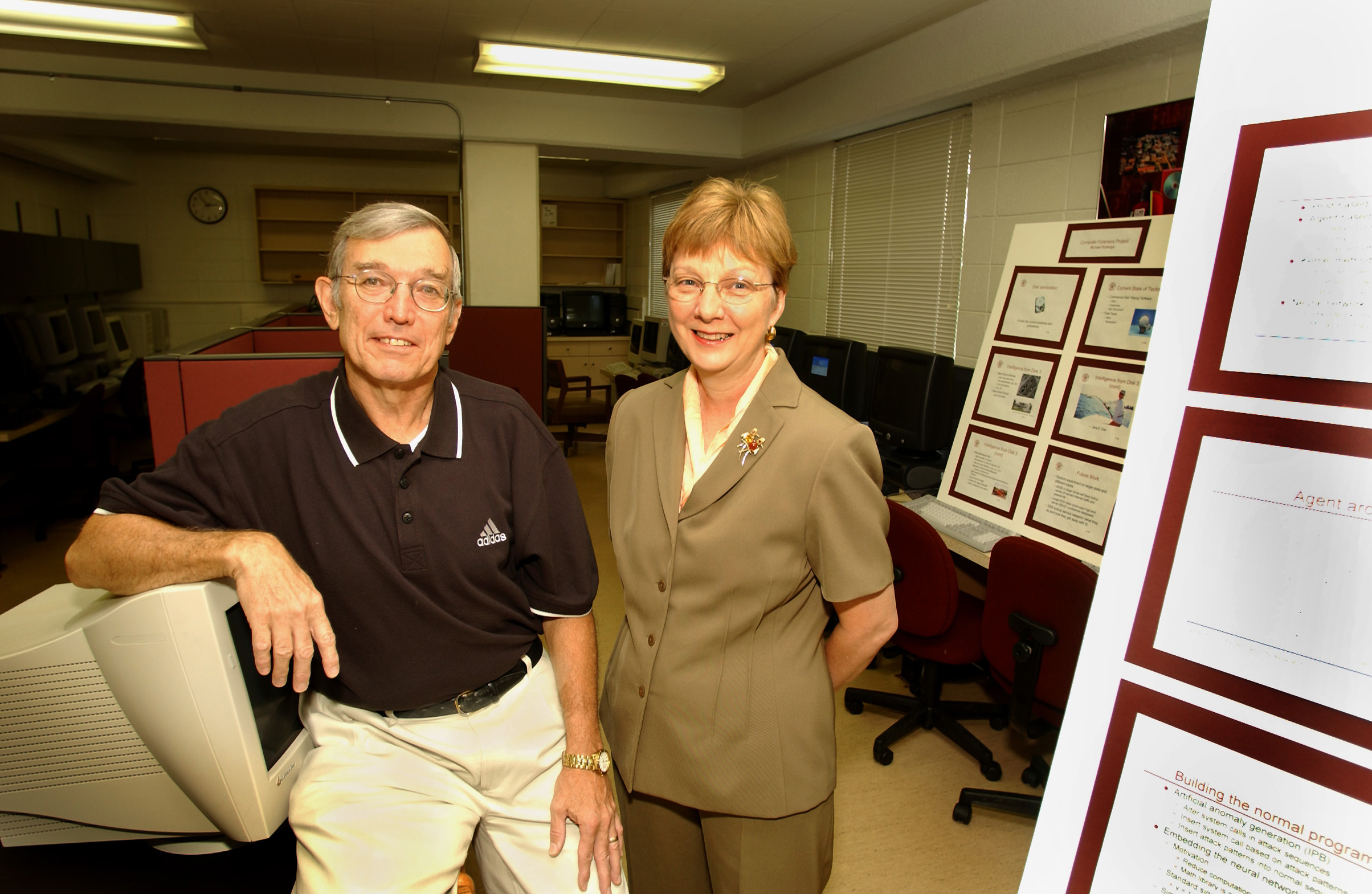 <br /><br />
Mississippi State computer science and engineering professors Ray Vaughn, left, and Susan Bridges are helping create a new generation of experts skilled in the methods of detecting, dissecting and deflecting the growing menace of cyberspace crime. Vaughn, a native of Hattiesburg, and Bridges, a native of Elkins, Ark., are pictured in the university's two-year-old, $200,000 computer security laboratory on the Starkville campus.<br /><br />
 